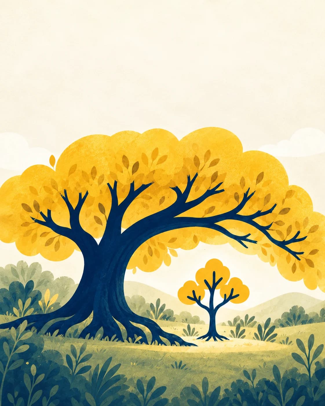 A mature golden tree shelters a small tree with room to grow independently.
