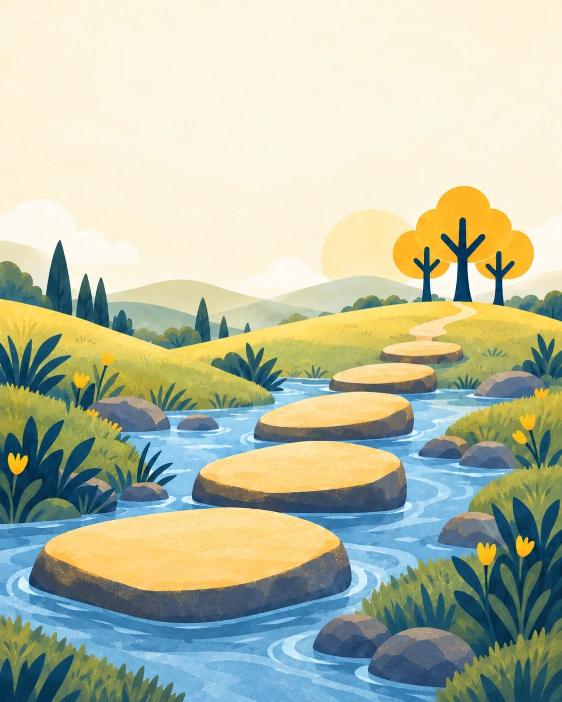 Golden stepping stones cross a stream toward a growing grove.