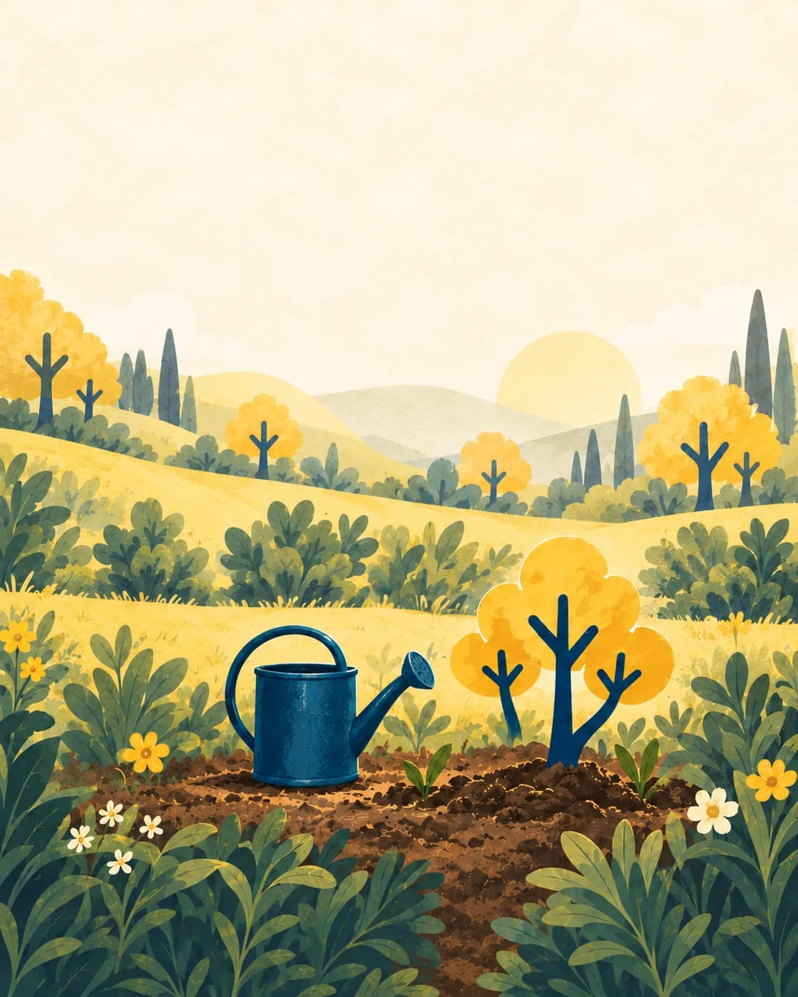 A watering can rests beside a young golden tree in a cultivated garden.